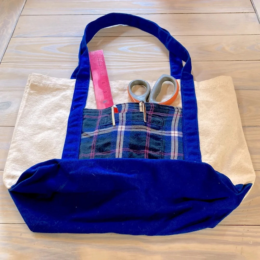 Canvas Tote Book Bag Plaid Double Pocket Shoulder Straps 14.5 x 13 x 5 inches